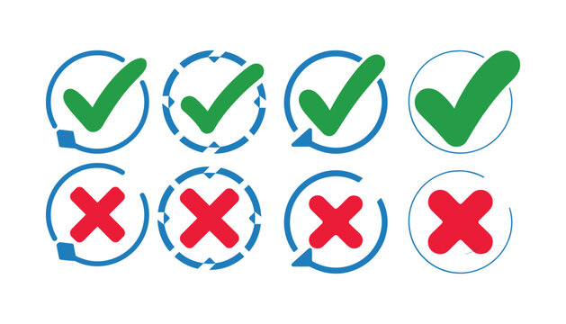 Green checkmarks and red crosses in blue circles with arrows symbols vector illustration isolated on white background.