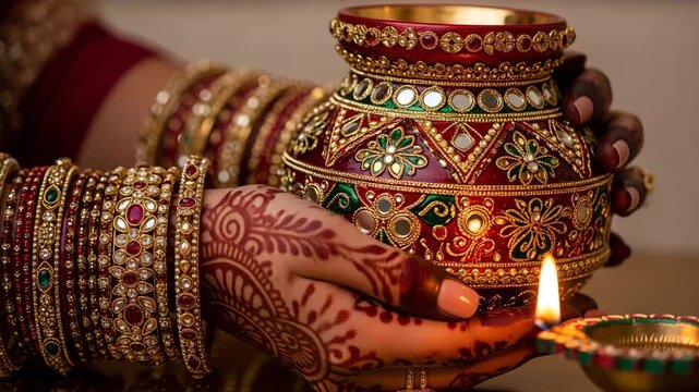 Hands decorated with henna holding an ornate traditional pot and diya