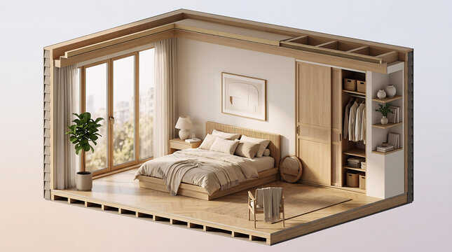 A peaceful isometric bedroom design featuring a platform bed, wooden wardrobe, soft lighting, and large windows with a view of nature.