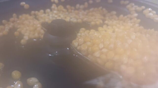 Heating corn kernels in hot oil in popcorn maker