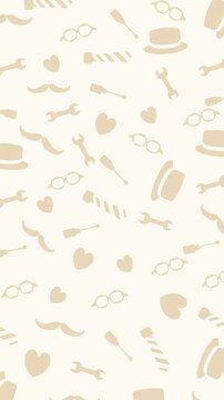 Vertical Father&rsquo;s Day looping pattern animation with mustaches, hats, ties, glasses, hearts, and tool icons on soft beige background. Minimal mobile backdrop for stories and reels.