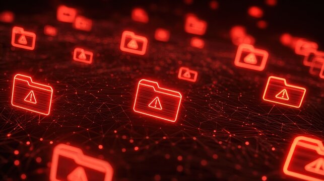 Numerous glowing red folder icons displaying warning signs float over a dark digital network background.