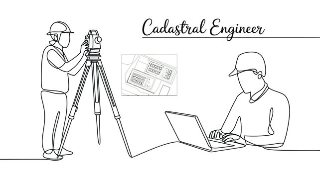 Cadastral Engineer Surveying Land With Theodolite And Laptop For Mapping Concepts