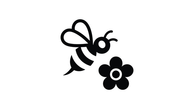 Black and White Minimalist Icon of Bee Flying Towards Flower for Nature and Ecology Concepts