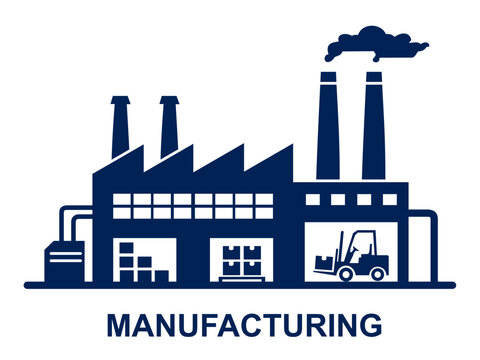 Flat vector icon of a manufacturing factory building featuring a warehouse, forklift, and industrial smoke stack silhouette.