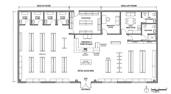 Retail store floor plan with fitting rooms and stock room