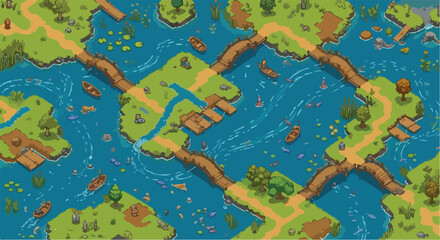 Fototapeta premium Isometric pixel art game map, fantasy village islands with wooden bridges and boats, top down aerial view of river landscape for RPG level design