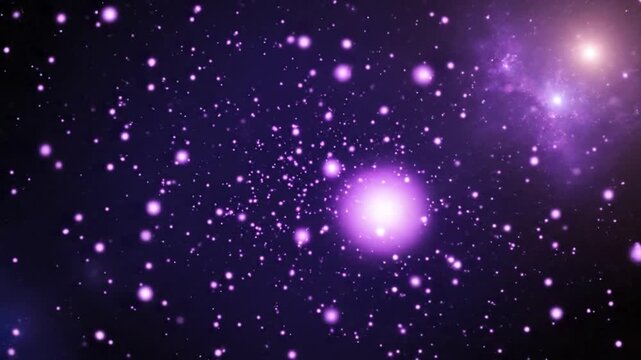 Deep blue and purple cosmic background featuring glowing scattered light particles, violet nebula formations, and soft white bokeh flares representing distant stars or cosmic dust.