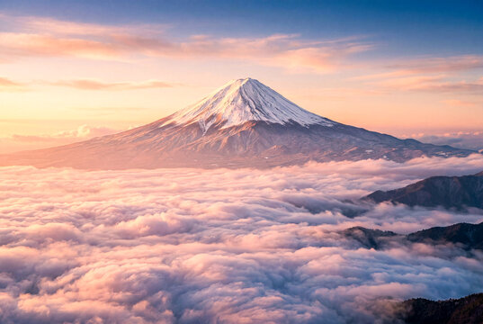 雲海に浮かぶ夕焼けの富士山