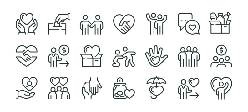 Charity giving, donate money outline thin icons set. Line signs volunteering and giving support donation or symbols friendship Thin vector pictograms pack for web infographic business social projects.