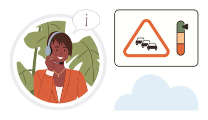 Customer service, environmental awareness, traffic management, information support, communication, transportation. Person with headset in a call center, traffic sign and emissions gauge. Customer © robu_s