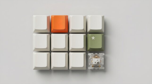 Top-down view of minimalist 3x4 grid of custom mechanical keyboard keycaps. Features a bright orange key, an exposed translucent switch, and soft studio lighting. Modern tech and productivity concept