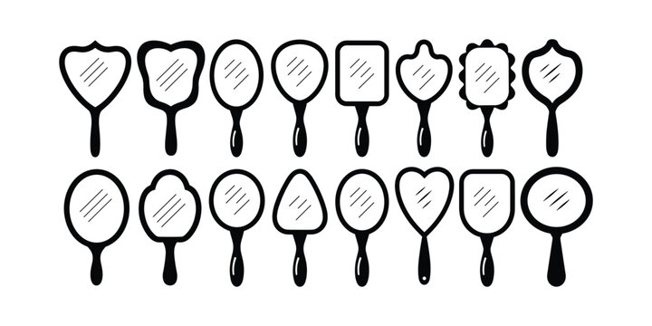Various handheld mirrors with different shapes and sizes on white background reflective surfaces beauty tools