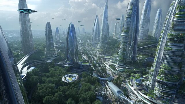 Futuristic smart city with towering buildings, autonomous transport and drones, lush green spaces, multifunctional public areas and intelligent urban infrastructure