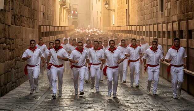 Multitude of males running through the streets of Pamplona during the San Ferm&iacute;n festival showing bravery for a cultural tradition concept in Spain