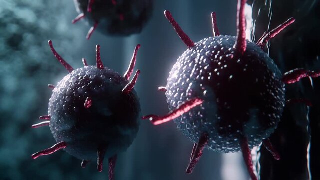 Microscopic virus cells featuring spiky proteins on their surface, floating in a dark environment with atmospheric effects, visualizing an infectious pathogen or disease