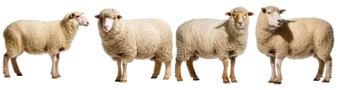 Group of four healthy domestic sheep, different breeds and poses, showing their woolly coats and features.