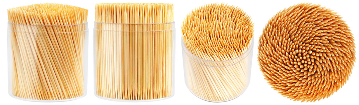 Collection of natural wooden toothpicks in various arrangements within a clear plastic dispenser box, hygiene tool.
