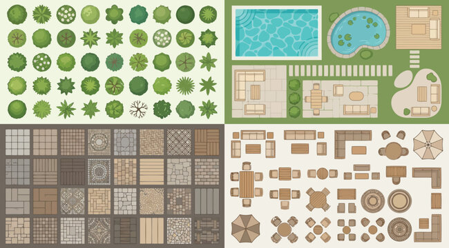 Landscape design elements set with top view trees, paving textures, swimming pool and outdoor furniture