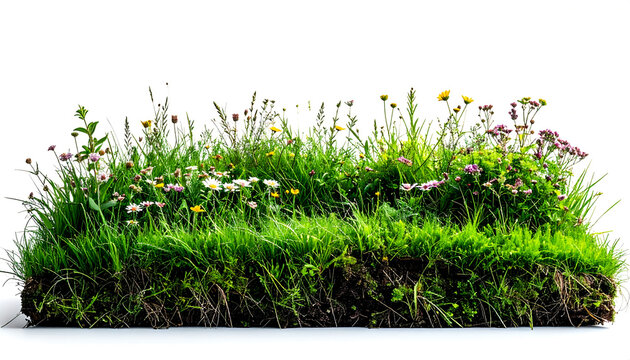 A section of meadow turf with green grass and small wildflowers