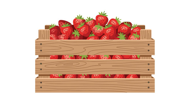 A rustic wooden crate filled with a large harvest of ripe red strawberries is displayed from a front-facing perspective against a solid white background in studio lighting.