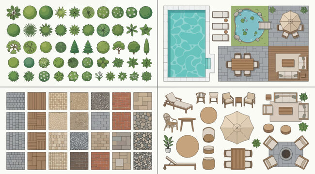 Landscape design kit with top view trees, paving textures, swimming pool and patio furniture
