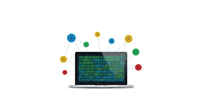 A modern silver laptop displaying binary code on the screen with colorful circular data connection nodes radiating outwards against a clean white studio background.