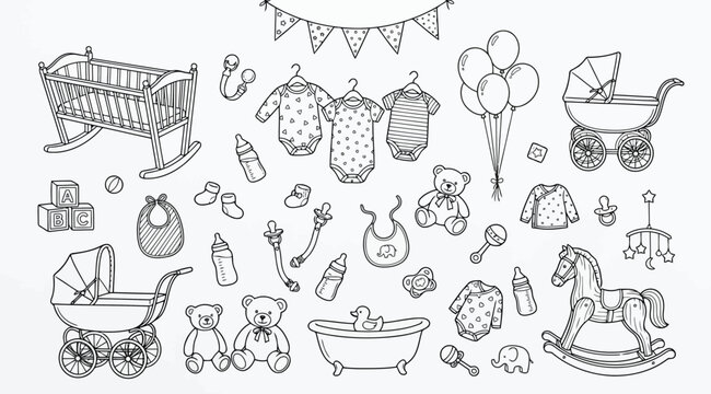 Set of baby shower elements, newborn accessories, toys and clothes