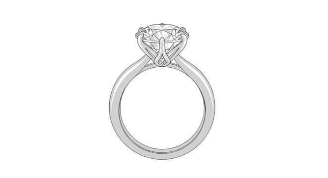 A single silver engagement ring featuring a prominent brilliant cut diamond sits isolated on a crisp white background to illustrate a luxurious piece of jewelry.
