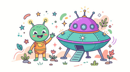 Obraz premium Alien greets friend from spaceship on planet with excitement and colorful decorations.