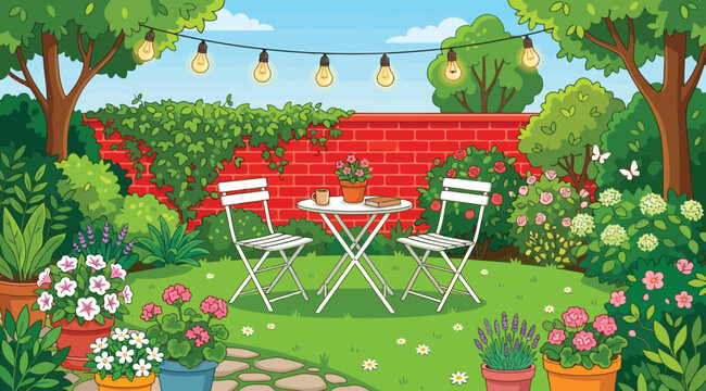 Cozy garden patio with a table and chairs in front of a brick wall
