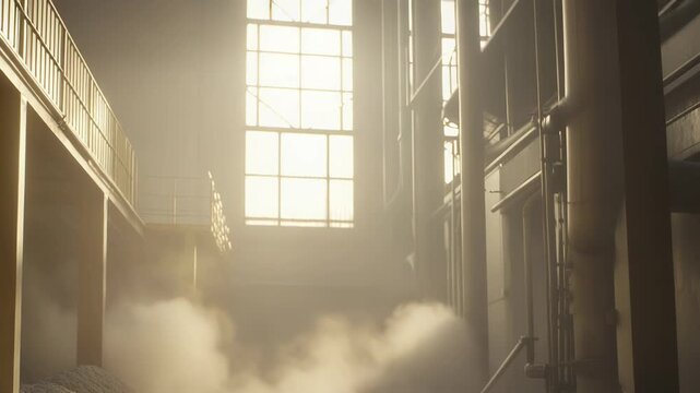 Factory interior with natural light illuminating piles of raw product, steam, and pipes, creating an atmosphere of production and manufacturing within the industrial space