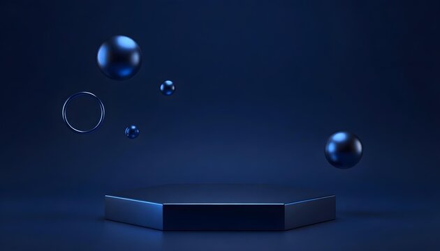 Minimalist dark blue hexagonal podium with floating spheres and rings