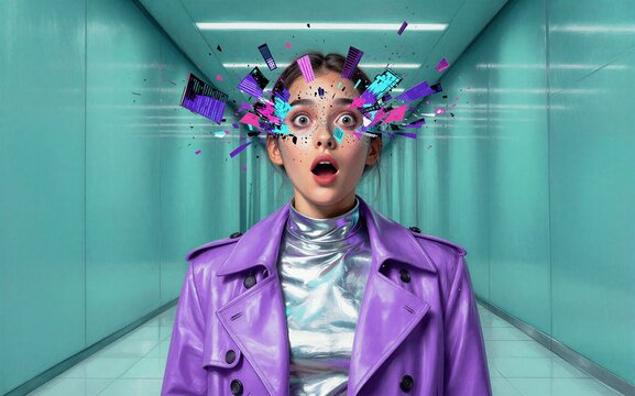 Surprised woman in purple coat digital fragments explode from her