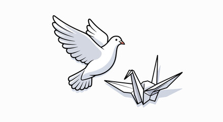 Naklejka premium Illustration of a white dove flying next to an origami crane on a white background with a simple and symbolic composition.