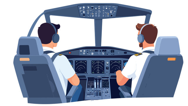 Two pilots sitting in airplane cockpit operating flight controls, flat design vector illustration, EPS file