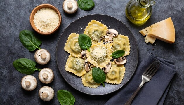 Delicious spinach and mushroom ravioli served with fresh ingredients and grated cheese