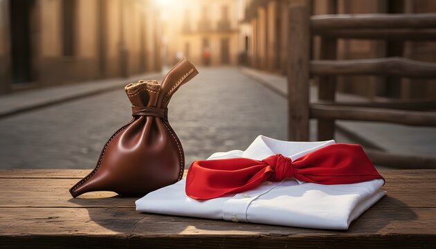 Traditional San Ferm&iacute;n outfit with red scarf and bota on a wooden table in a festive atmosphere and cultural heritage concept for the Pamplona Running of the Bulls celebration