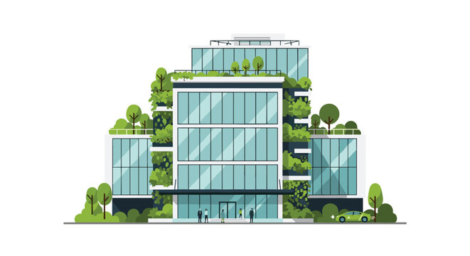 A multi-story glass office building features extensive vertical gardens and a small electric car parked at the entrance against a plain white background.