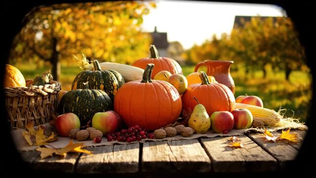Autumn Harvest Scene with Pumpkins, Apples, and Grapes on a Rustic Wooden Table Outdoors in Fall