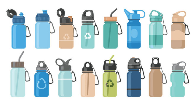 A diverse collection of reusable water bottles featuring various lid designs, straws, and carabiner attachments is shown in a clean, systematic arrangement.