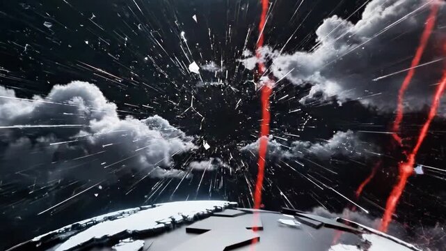 A futuristic globe with red lightning and smoke against a dark background