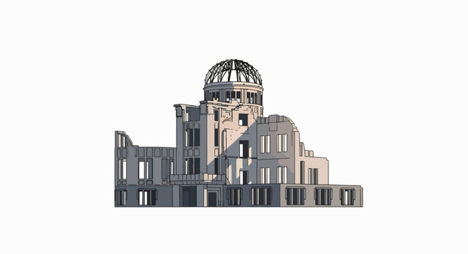 Aerial view of the ruined Atomic Bomb Dome in Hiroshima with a clear blue sky and white background.