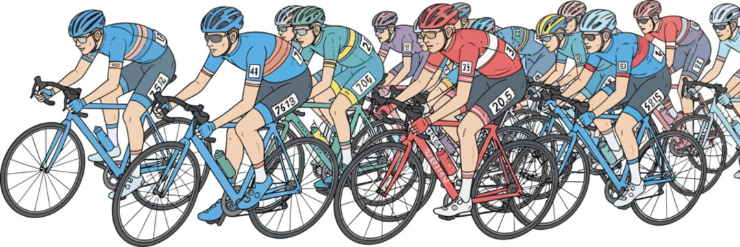 Cyclists in a peloton, riding bicycles in a group, wearing helmets and cycling gear bike