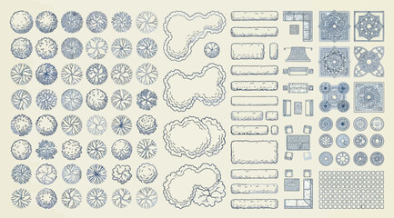Set of landscape design elements for architectural plans including trees, benches, and garden features © S.Siam
