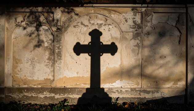 Silhouetted cross shadow falls on a textured wall, creating a somber, evocative scene