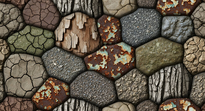 Multi-textured stone and wood mosaic tiles for rustic surface backdrop