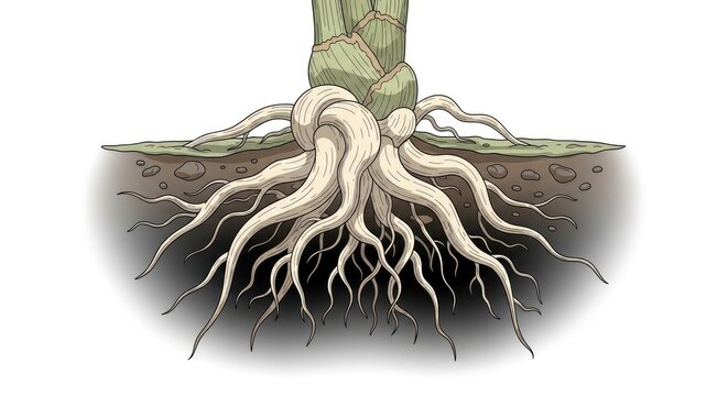 Detailed Illustration of Plant Roots System in Soil, Botanical Study.