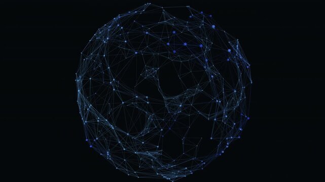 Abstract 3D Spherical network visualization featuring glowing synaptic connections in a Cyan spectrum. Isometric perspective seamless loop of Pulsing Clusters and data activity. 4K UHD.