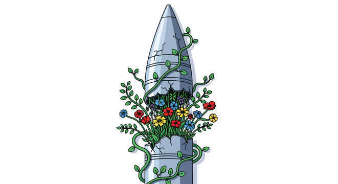 An artistic illustration of colorful flowers and green vines wrapped around a silver bullet on a white background with a mix of vibrant and pastel colors.
